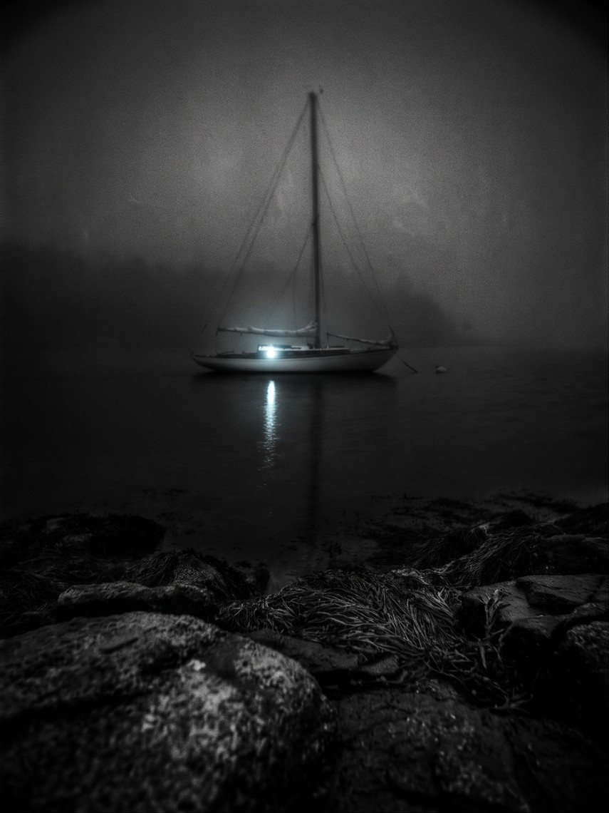 A sailboat at anchor in a Maine cove after dark, the fog grey-black and the light in its cabin shining bright, its reflection a pale streak on the water beyond wet rocks and seaweed, in black and white